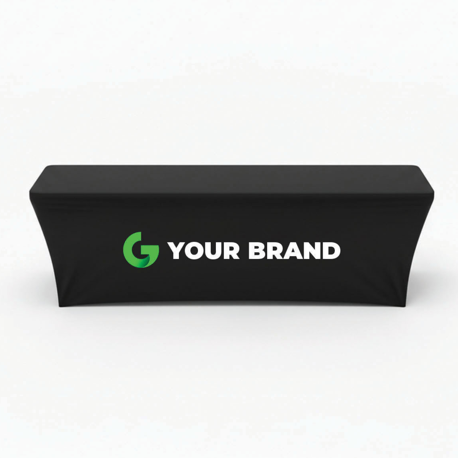 8 ft fitted trade show table cover front view with large custom printed logo for events and conventions.