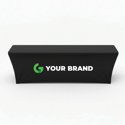 8 ft fitted trade show table cover front view with large custom printed logo for events and conventions.