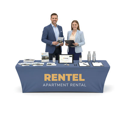 Professionally branded 8 ft fitted trade show table cover displayed at booth with marketing team and promotional materials.