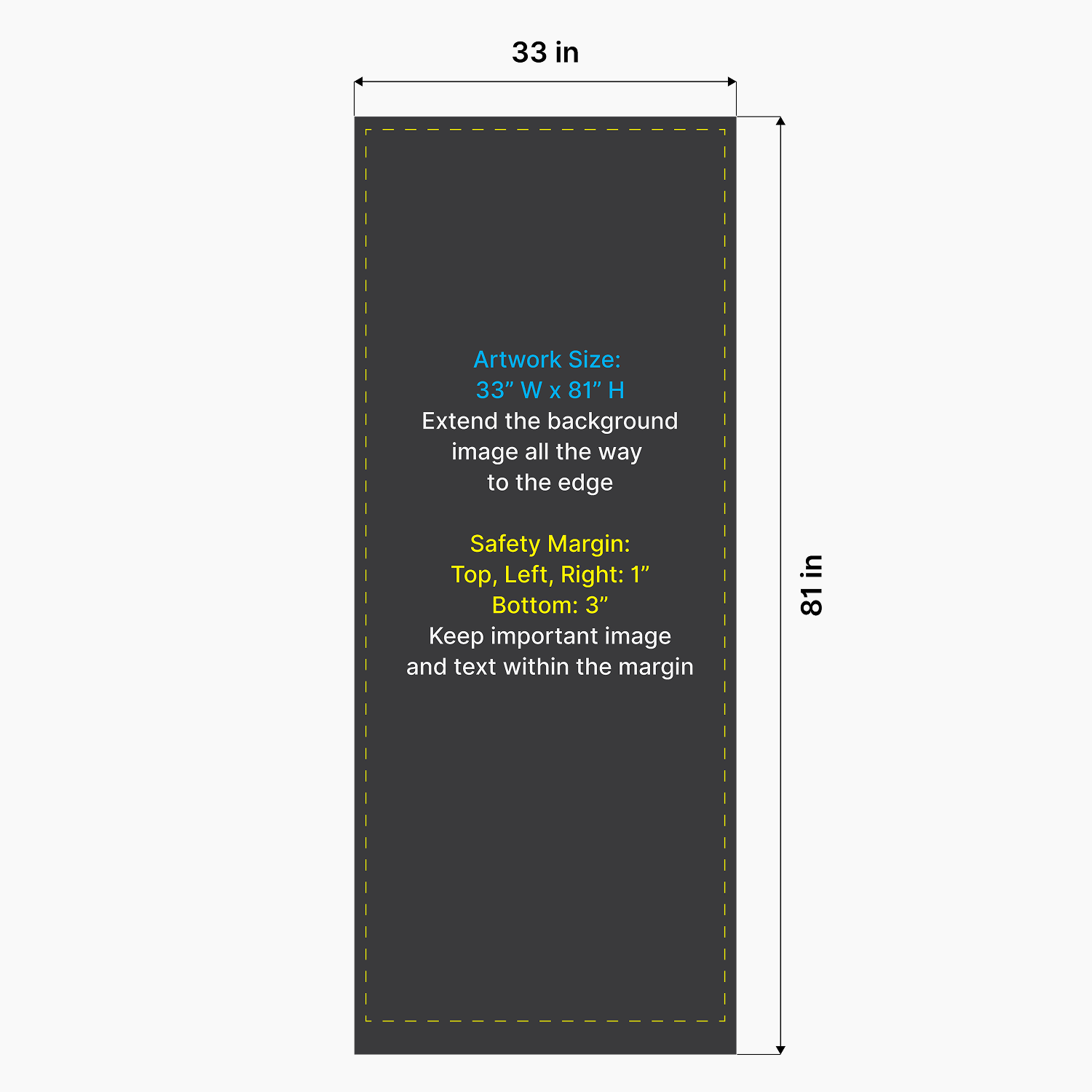 Artwork size and safety margin diagram for GoVizly 33x80 double sided retractable banner stand