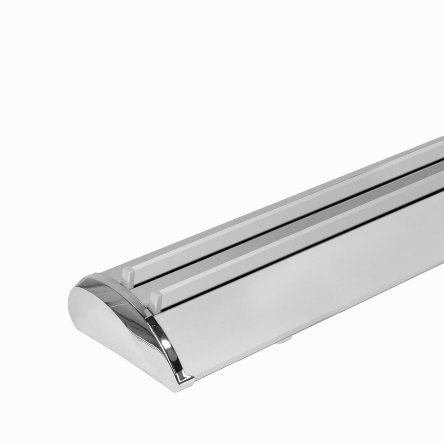 Base and support foot detail of GoVizly 33x80 double sided retractable banner stand