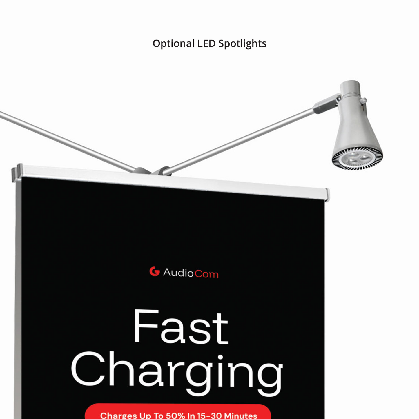 Optional LED spotlights attached to GoVizly double sided retractable banner stand