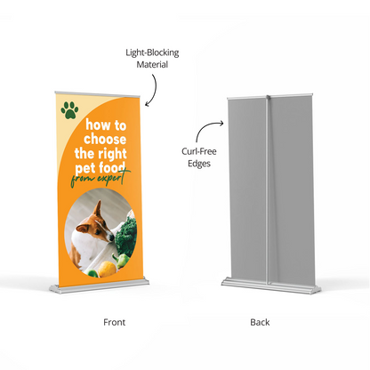 Front and back view of a 36-inch premium banner stand featuring light-blocking material and professional curl-free edges.