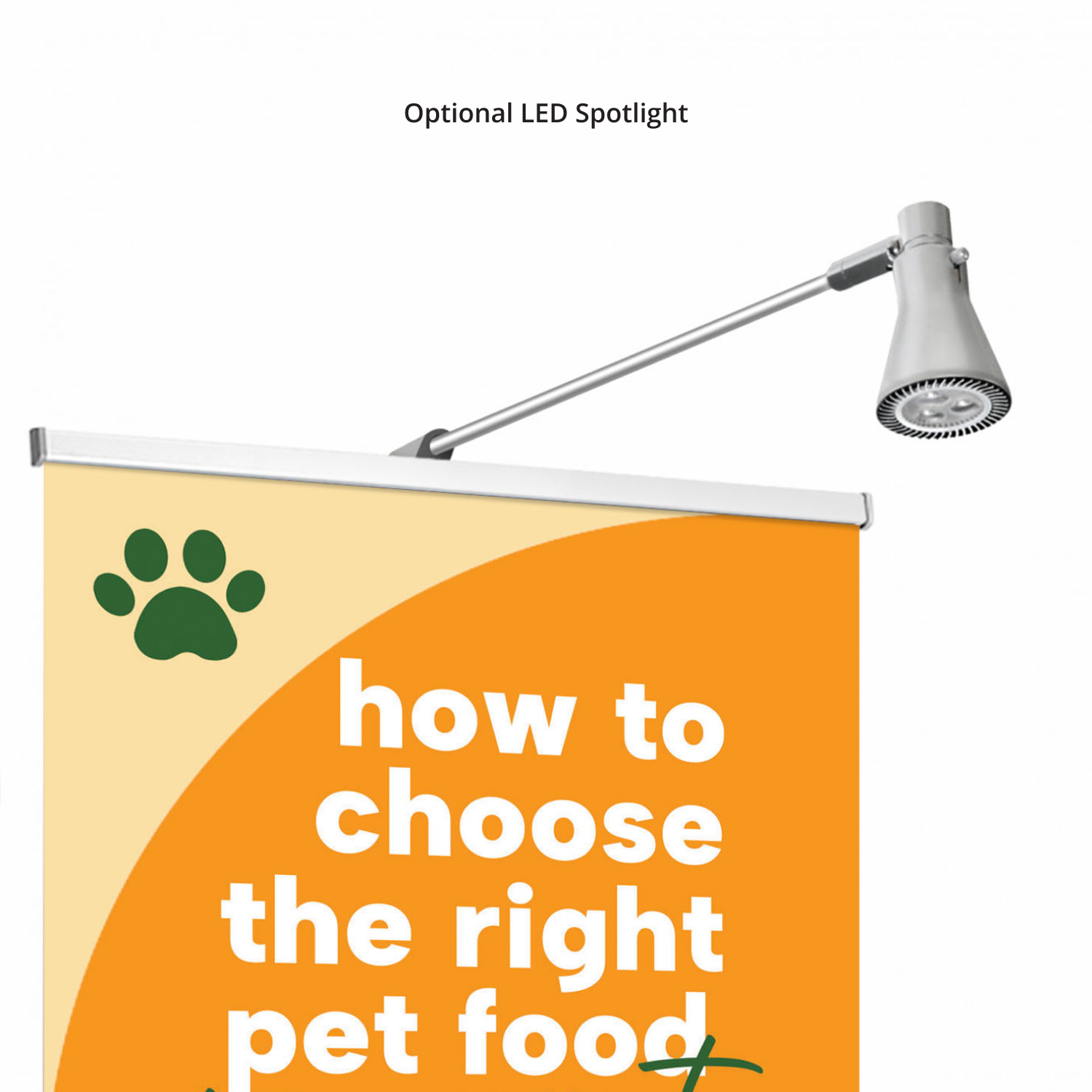 Premium retractable banner stand featuring an optional LED spotlight attachment for enhanced visibility at conventions and dark venues.