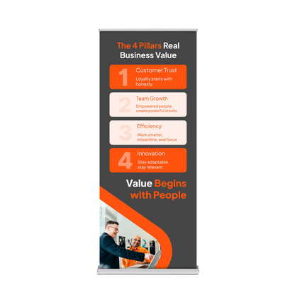 Front view of a 36x80 premium retractable banner stand featuring high-definition custom printing on curl-free material for trade show displays.