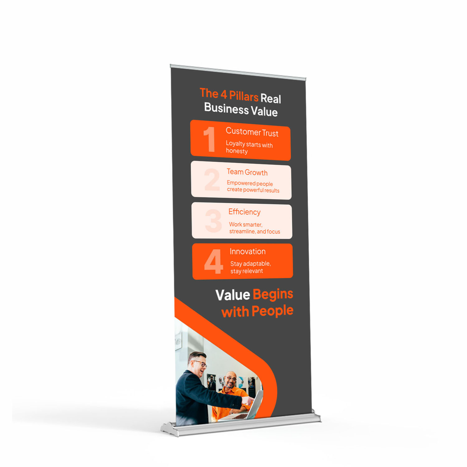 Slim profile side view of a 36x80 premium retractable banner stand showing the heavy-duty aluminum hardware and stable floor footprint.