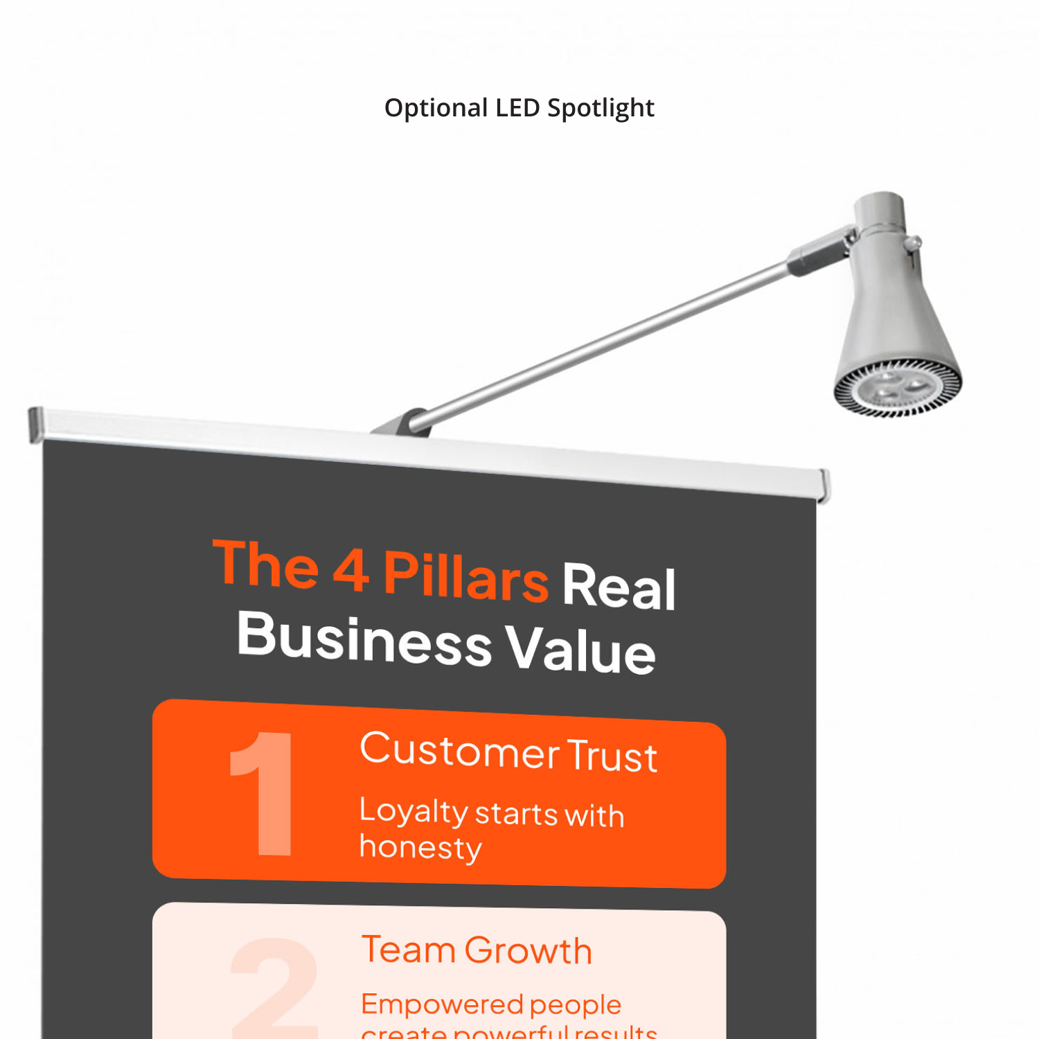 36x80 premium retractable banner stand with an optional LED spotlight attachment for enhanced visibility at indoor conventions and exhibitions.