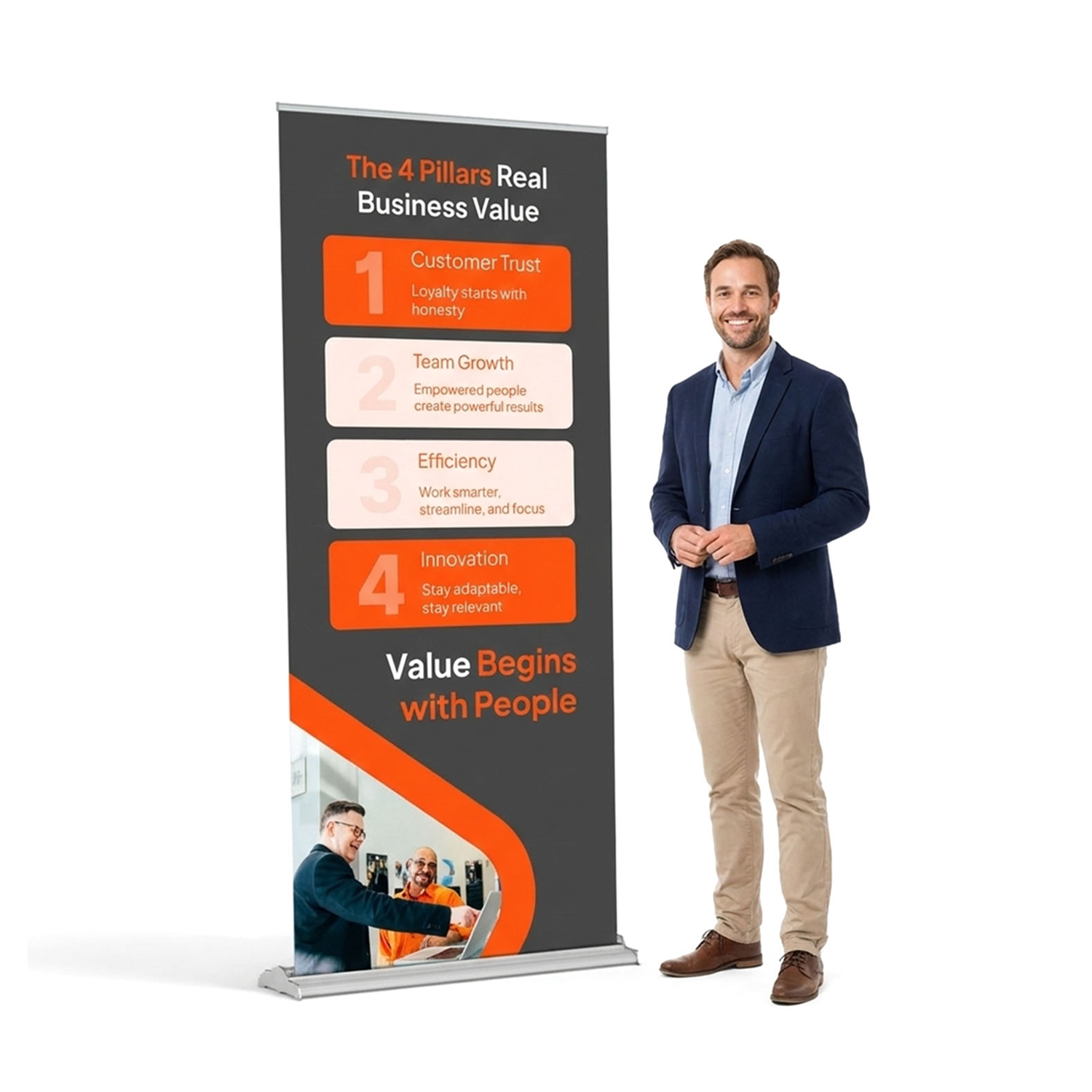 Life-size 36x80 retractable banner stand shown next to a person to illustrate the 80-inch height and professional visual impact for event marketing.