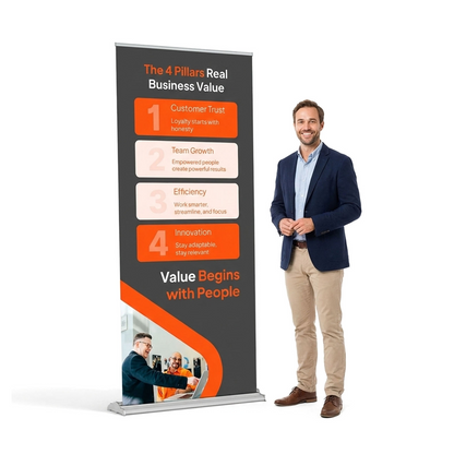 Life-size 36x80 retractable banner stand shown next to a person to illustrate the 80-inch height and professional visual impact for event marketing.