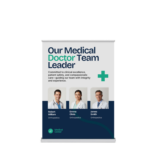 Front view of a 48x69 premium retractable banner stand featuring wide-format high-definition custom printing on curl-free material for trade show displays.