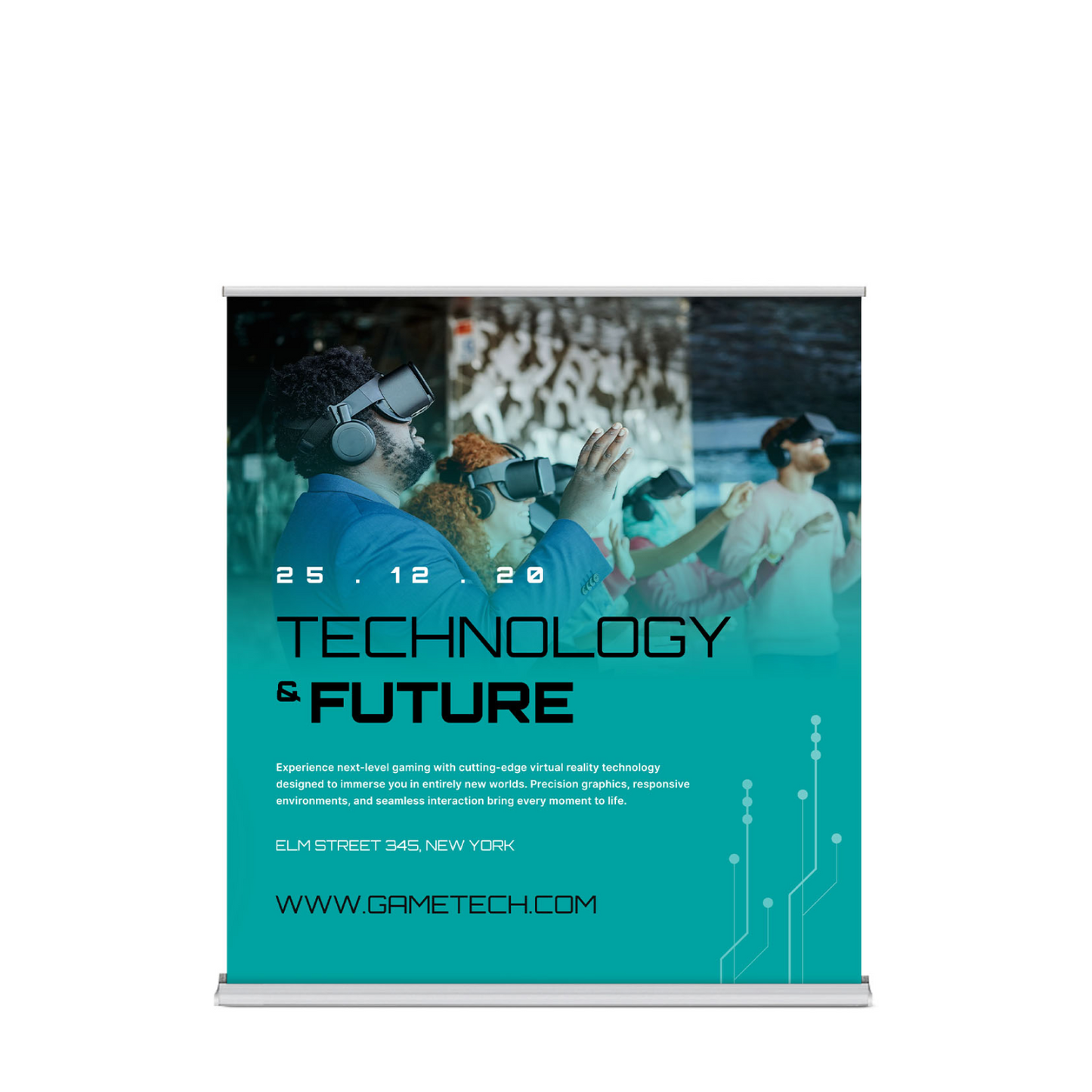 Front view of a 60x69 premium retractable banner stand with a wide-format high-definition custom graphic for trade show displays.