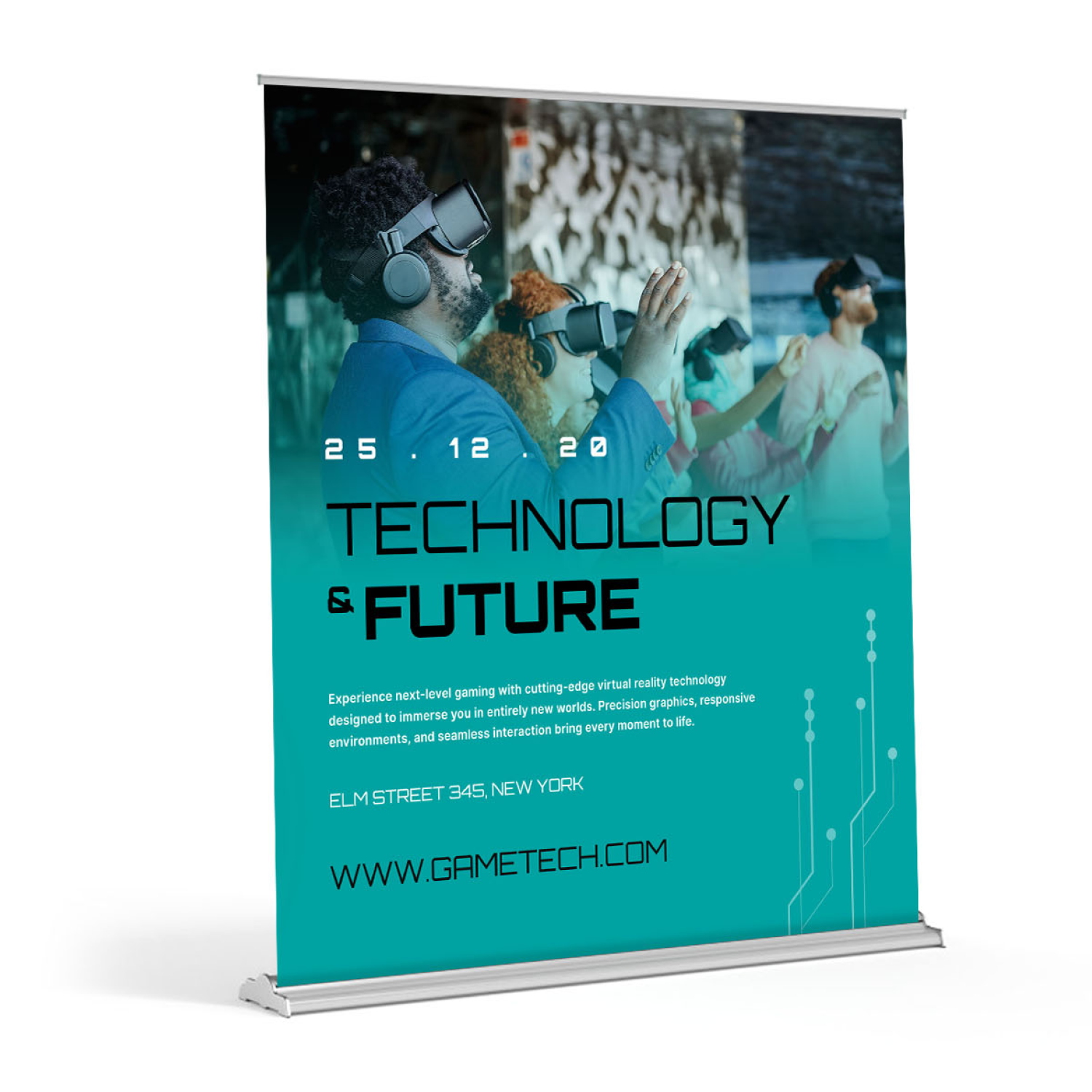 Side-angle view of a 60x69 wide retractable banner stand showing the heavy-duty silver aluminum base and slim professional profile.