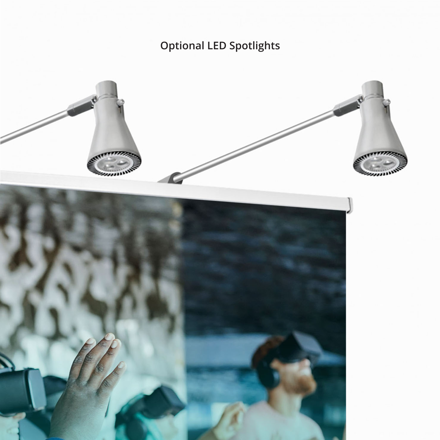 Wide 60x69 premium retractable banner stand featuring dual optional LED spotlight attachments for superior booth illumination.