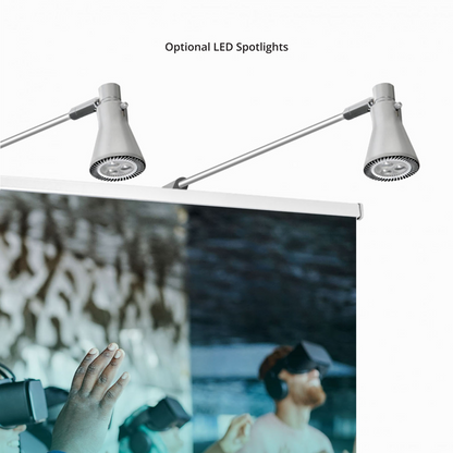 Wide 60x69 premium retractable banner stand featuring dual optional LED spotlight attachments for superior booth illumination.