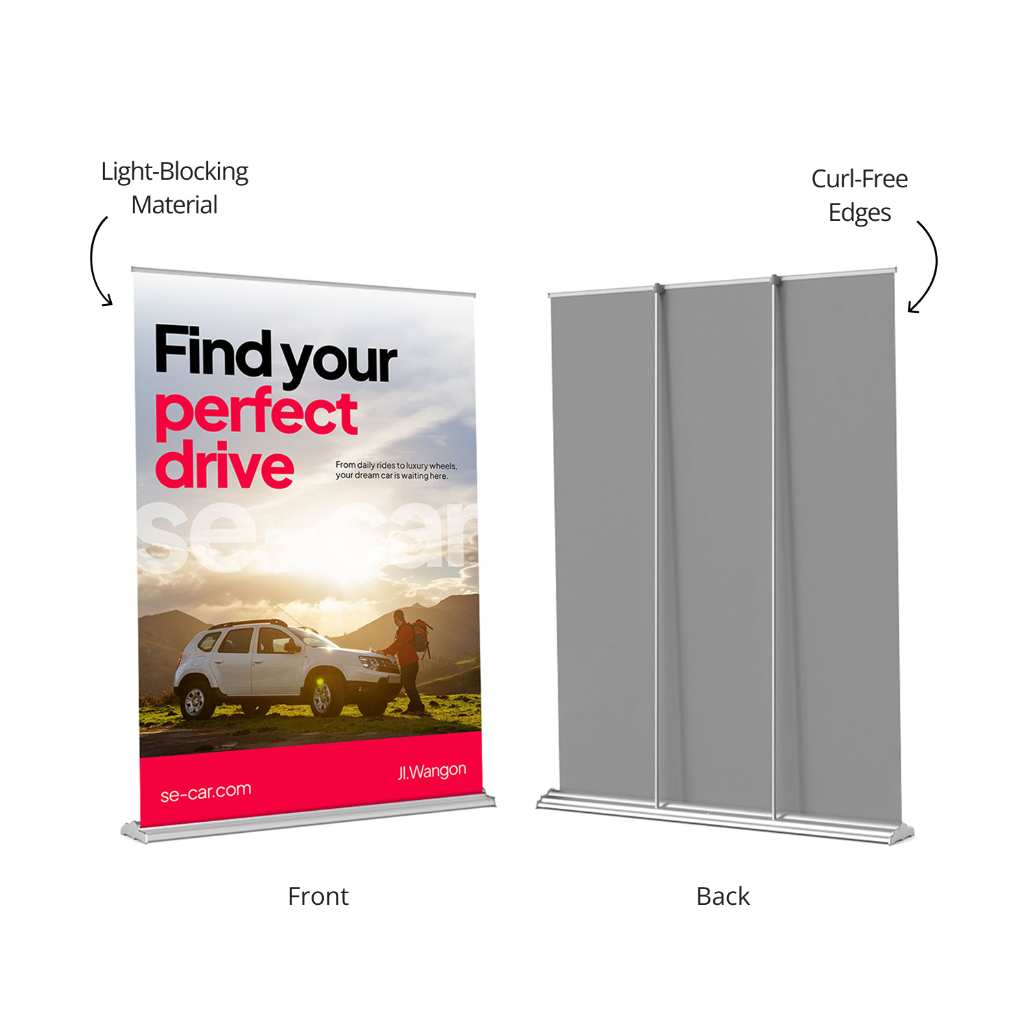 Front and back view of a 60-inch premium retractable banner highlighting light-blocking material and a triple vertical support pole system.