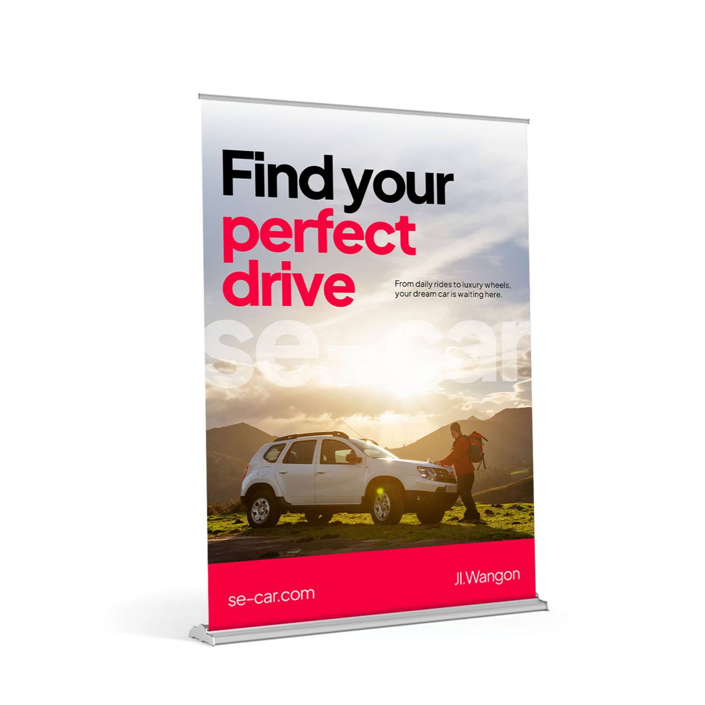 Side-angle view of a 60x80 premium retractable banner stand showing the heavy-duty silver aluminum hardware and stable floor footprint.