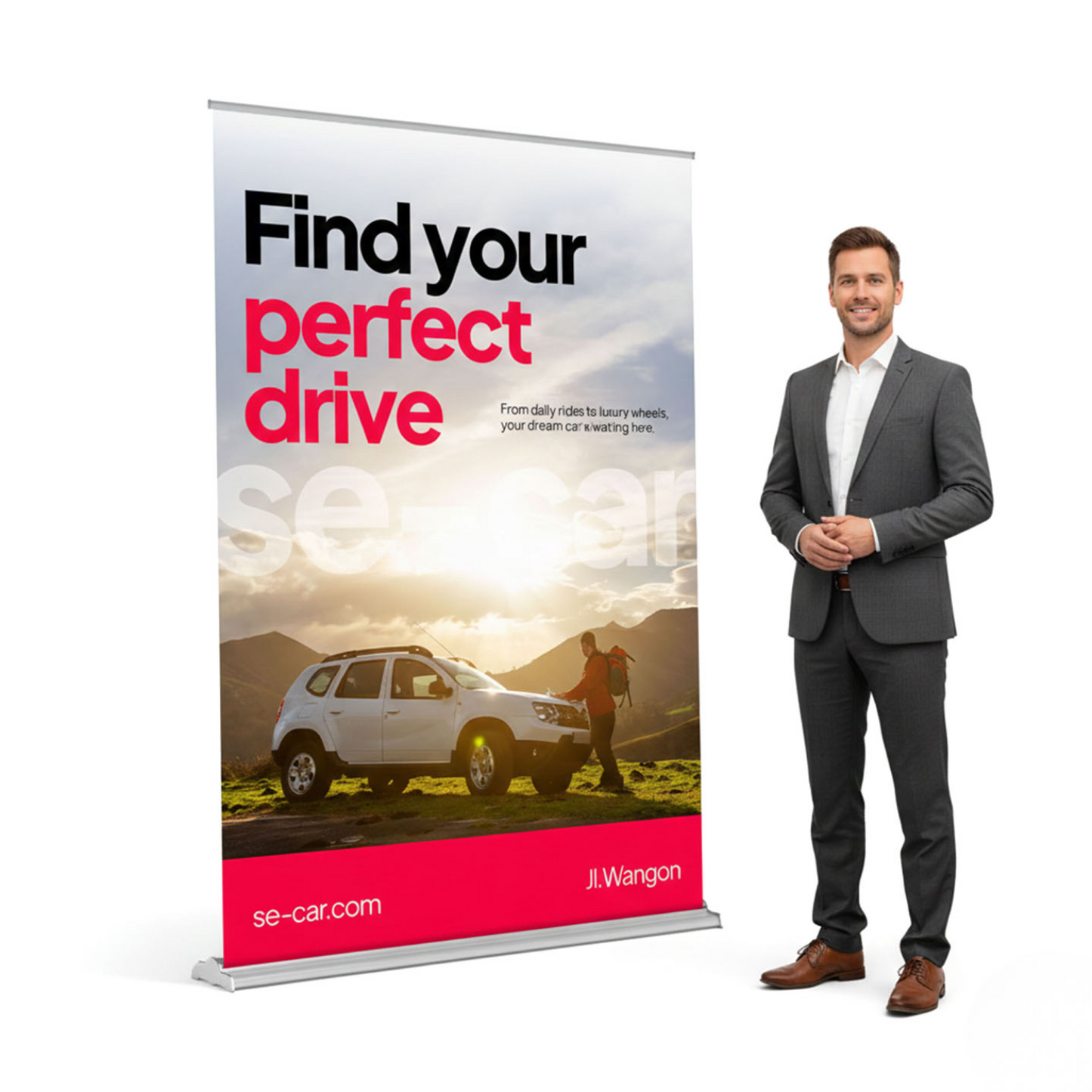 Expansive 60x80 retractable banner stand shown next to a professional male model to demonstrate the 5-foot width and high-impact visual height.