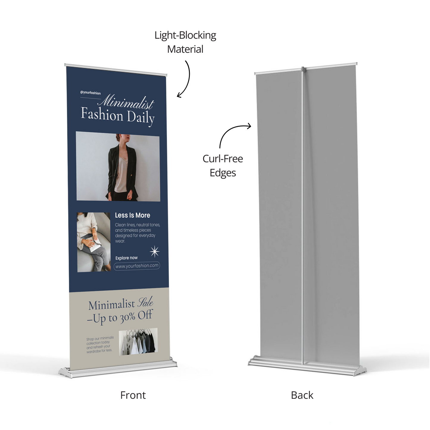 Front and back view of GoVizly 36 inch adjustable retractable banner stand showing light blocking material