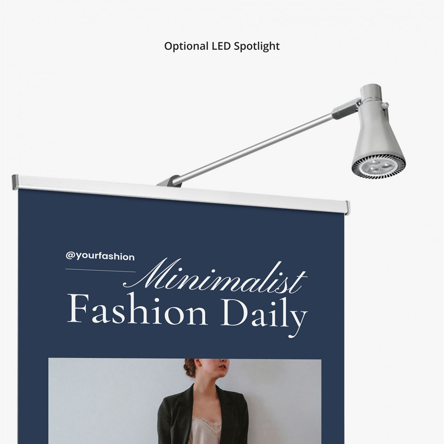 Optional LED spotlight attached to GoVizly adjustable retractable banner stand