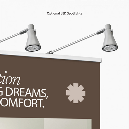 Optional LED spotlights attached to GoVizly adjustable retractable banner stand