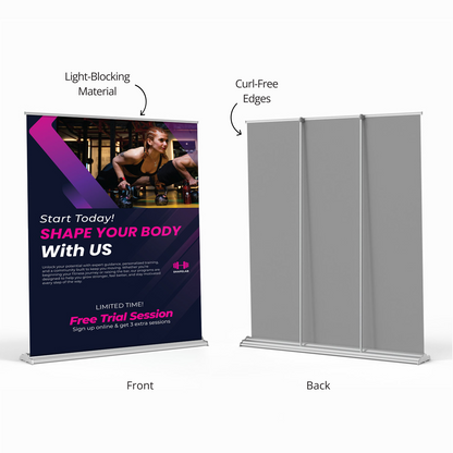 Front and back view of GoVizly 60 inch adjustable retractable banner stand showing light blocking material