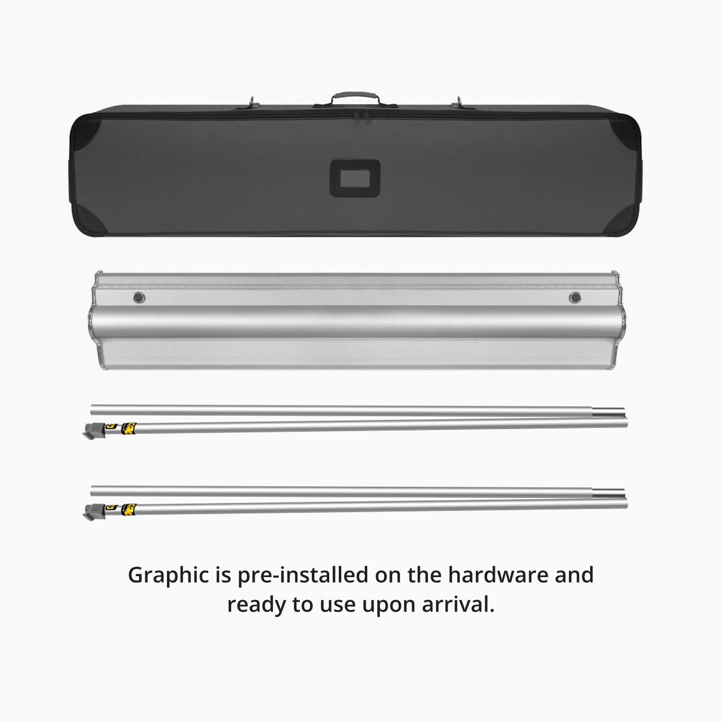 Included components of GoVizly 60 inch ProFlex adjustable retractable banner stand with carrying case