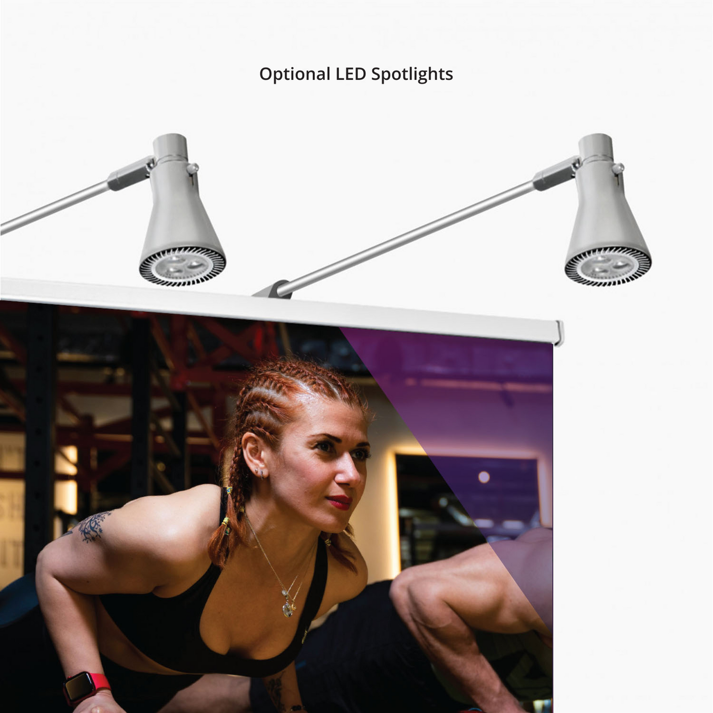 Optional LED spotlights attached to GoVizly adjustable retractable banner stand