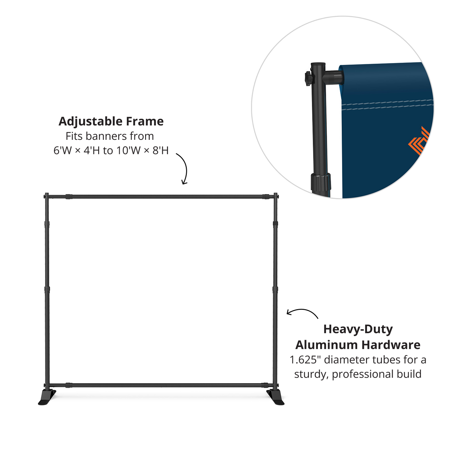 GoVizly 10x8 step and repeat banner adjustable aluminum frame with 1.625-inch diameter tubes and detail of fabric pole pocket