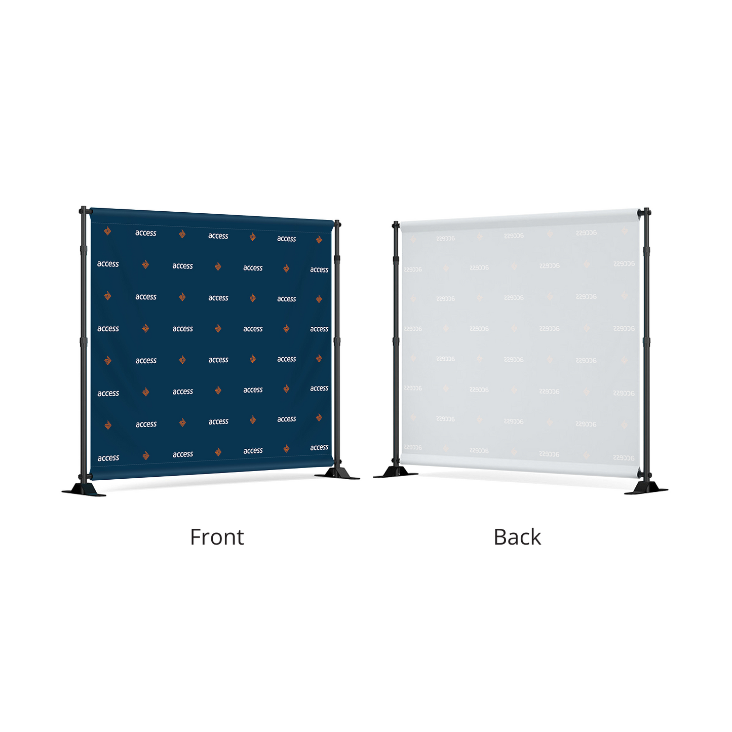 GoVizly 10x8 step and repeat banner front view with branded step and repeat graphic and back view showing white fabric reverse