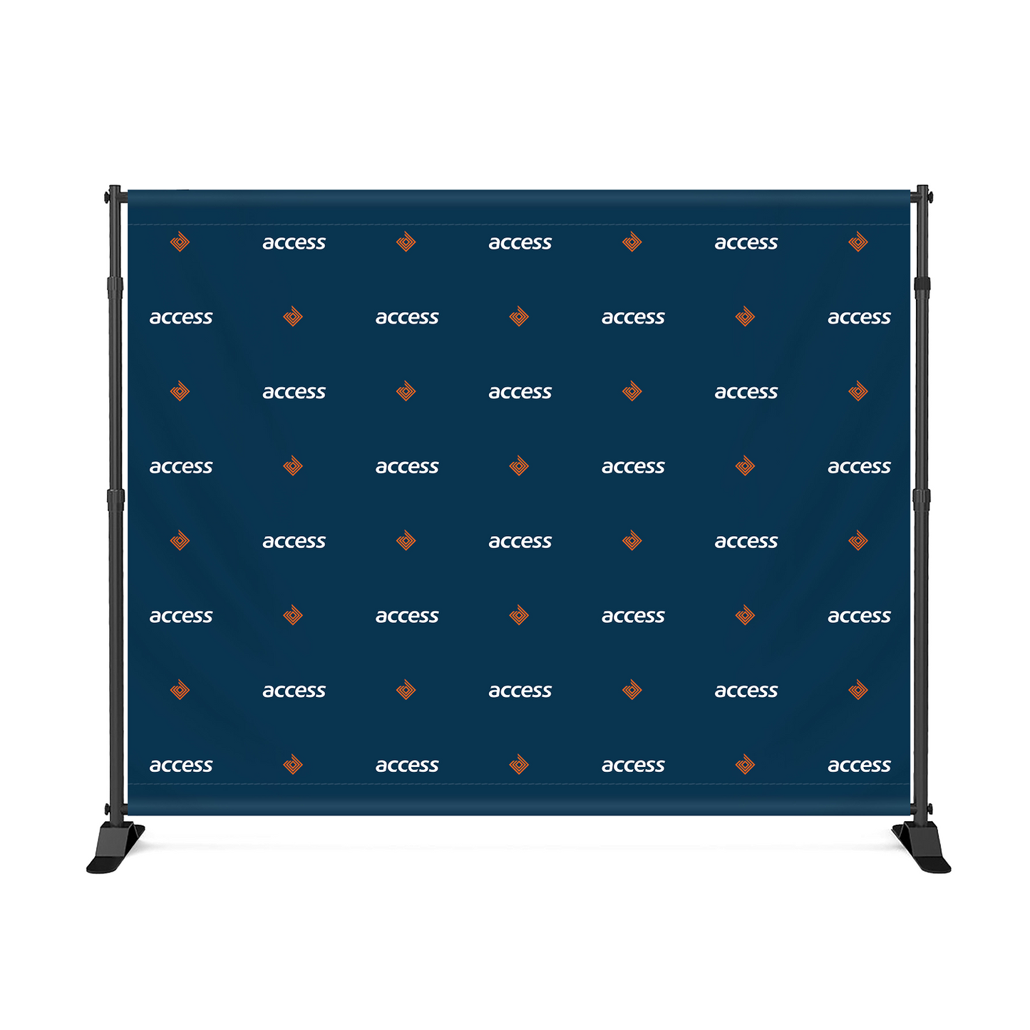 GoVizly 10x8 step and repeat banner full front view with custom step and repeat logo pattern on navy fabric