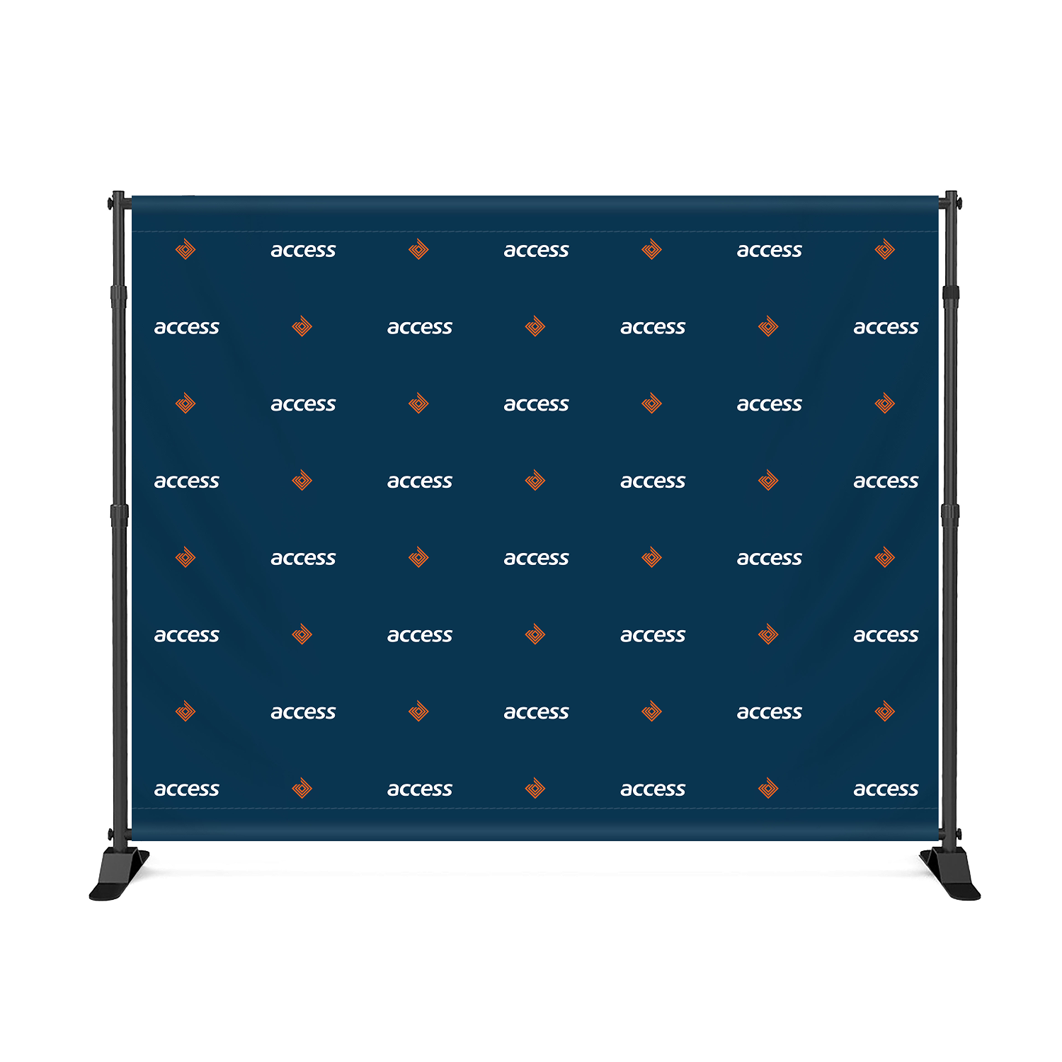 GoVizly 10x8 step and repeat banner full front view with custom step and repeat logo pattern on navy fabric
