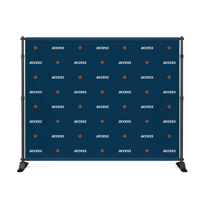 GoVizly 10x8 step and repeat banner full front view with custom step and repeat logo pattern on navy fabric