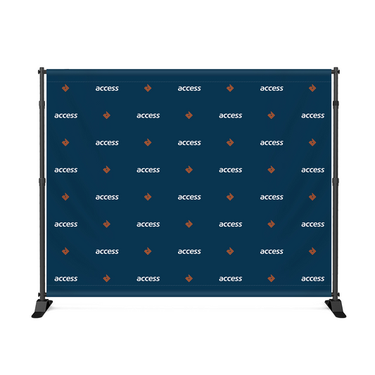GoVizly 10x8 step and repeat banner full front view with custom step and repeat logo pattern on navy fabric