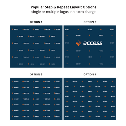 GoVizly 10x8 step and repeat banner showing four popular layout options — single logo grid, centered logo focal point, tight repeat, and staggered repeat