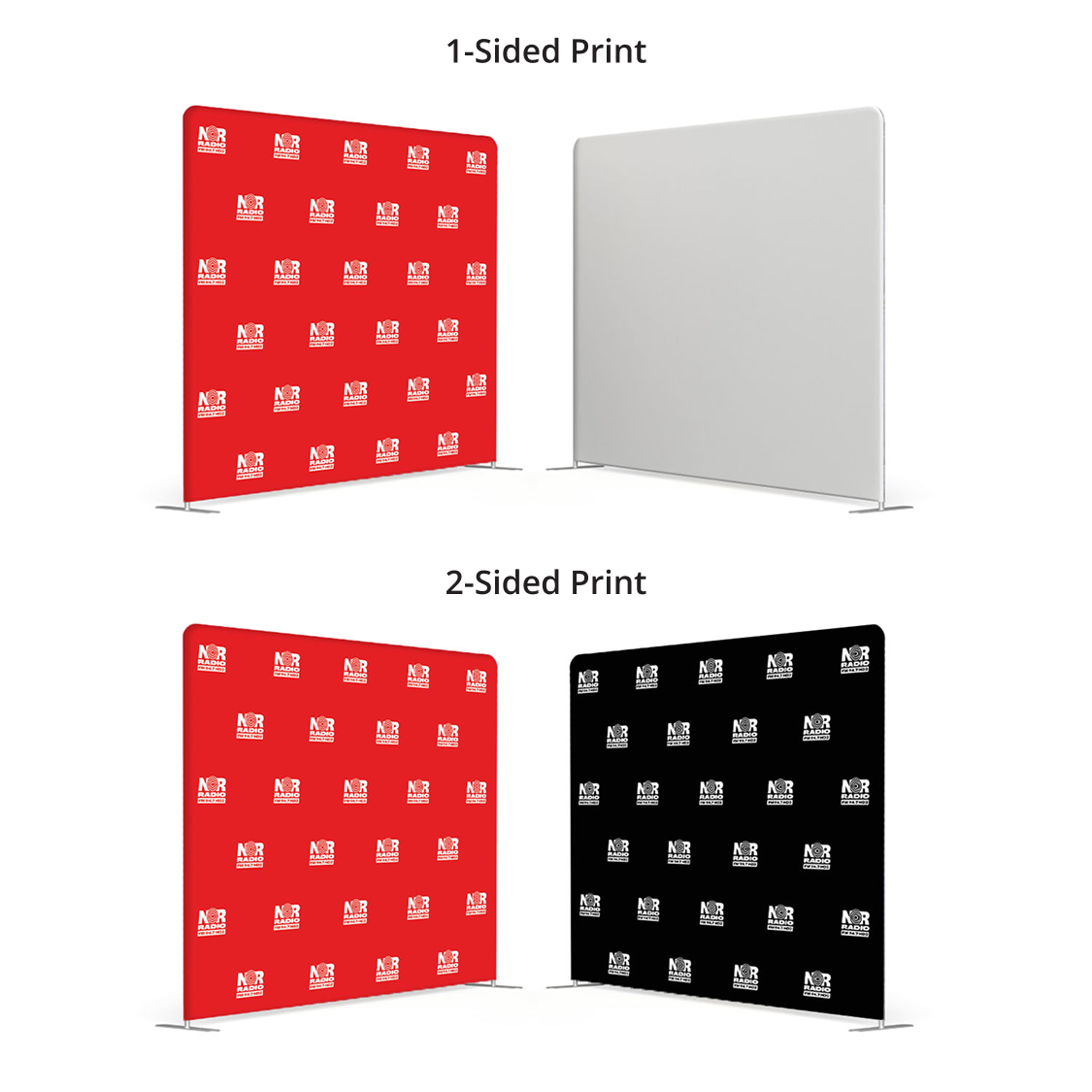 GoVizly 10ft tension fabric step and repeat banner showing 1-sided and 2-sided print configurations