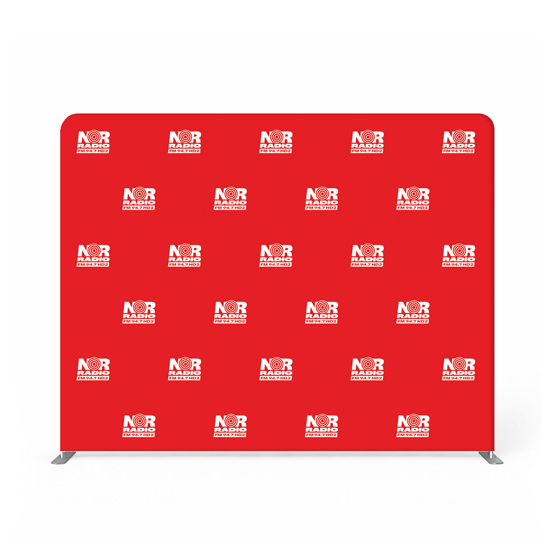 GoVizly 10ft tension fabric step and repeat banner front view with red custom logo repeat pattern