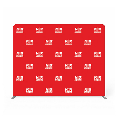 GoVizly 10ft tension fabric step and repeat banner front view with red custom logo repeat pattern