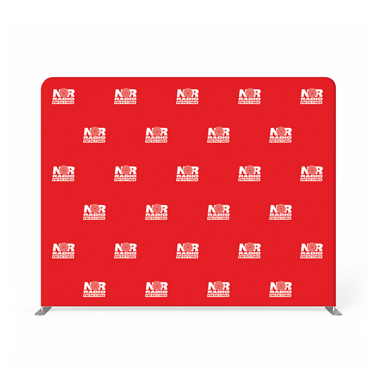 GoVizly 10ft tension fabric step and repeat banner front view with red custom logo repeat pattern
