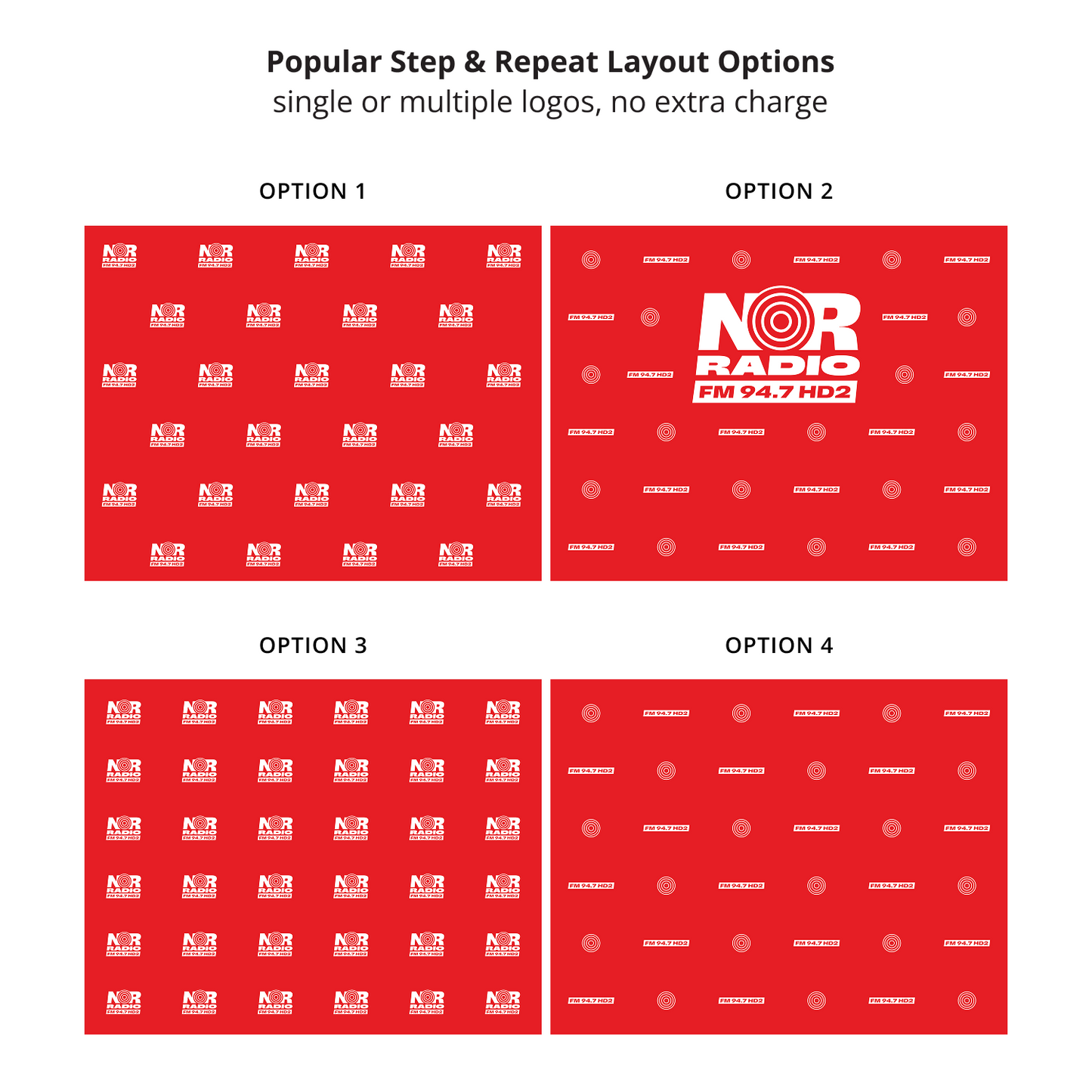 GoVizly 10ft step and repeat banner popular layout options showing single and multiple logo arrangements