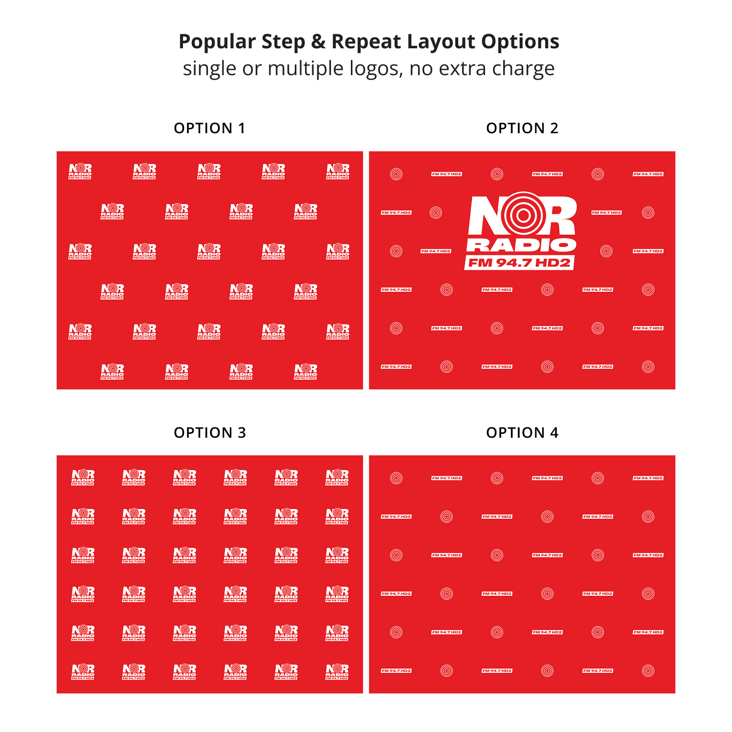 GoVizly 10ft step and repeat banner popular layout options showing single and multiple logo arrangements