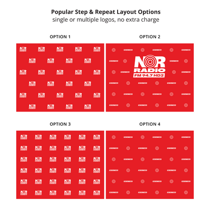 GoVizly 10ft step and repeat banner popular layout options showing single and multiple logo arrangements
