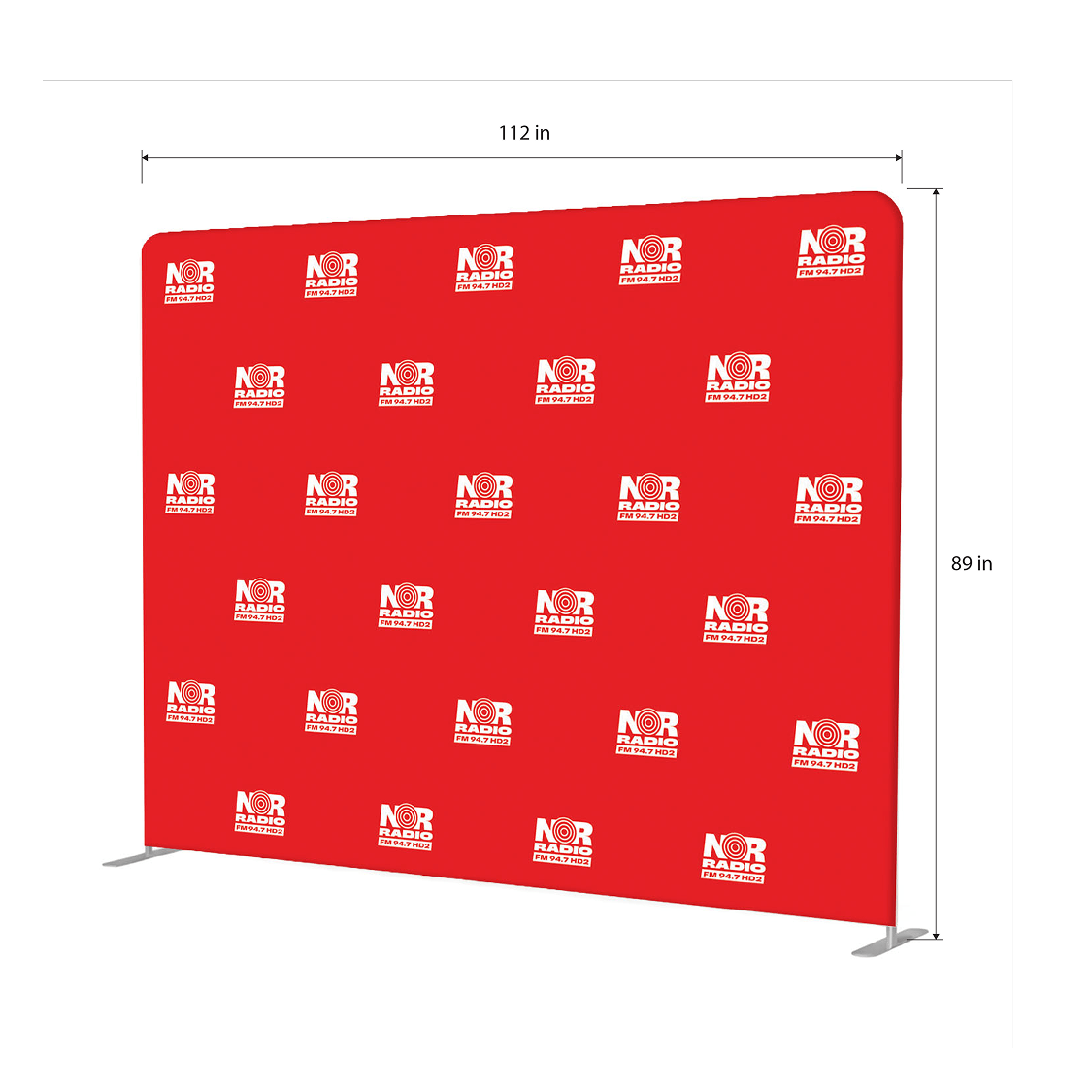 GoVizly 10ft tension fabric step and repeat banner measurement diagram showing 112 inch width and 89 inch height