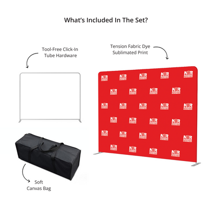 GoVizly 10ft tension fabric step and repeat banner complete set showing frame hardware, dye-sublimated fabric graphic, and soft canvas carry bag