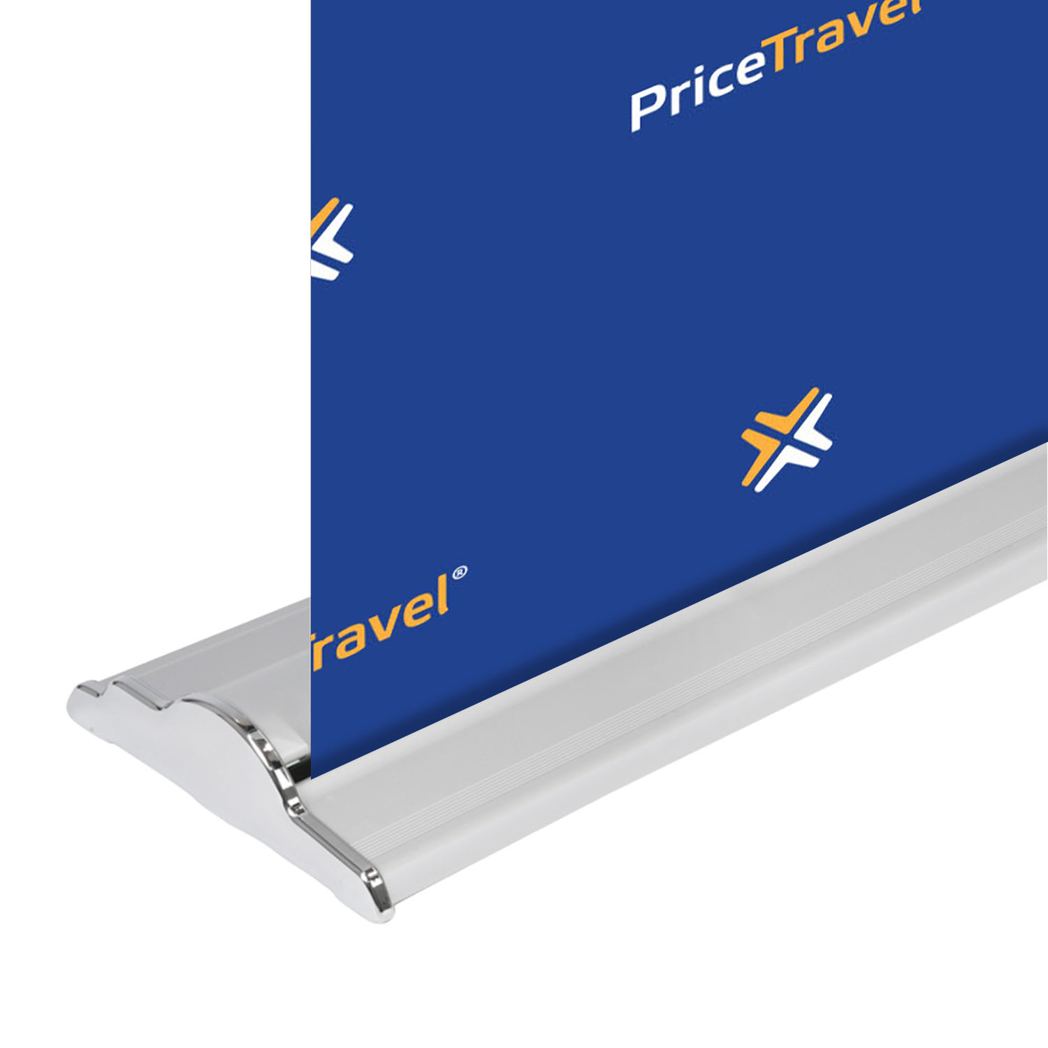 Close-up of GoVizly 60x90 step and repeat retractable banner stand silver aluminum footless base with retractable graphic mechanism