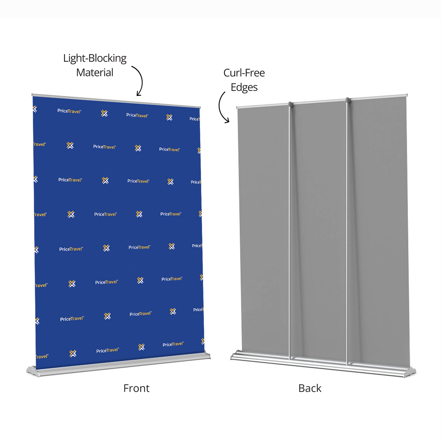 GoVizly 60x90 step and repeat retractable banner stand front and back view showing light-blocking fabric and dual support pole structure