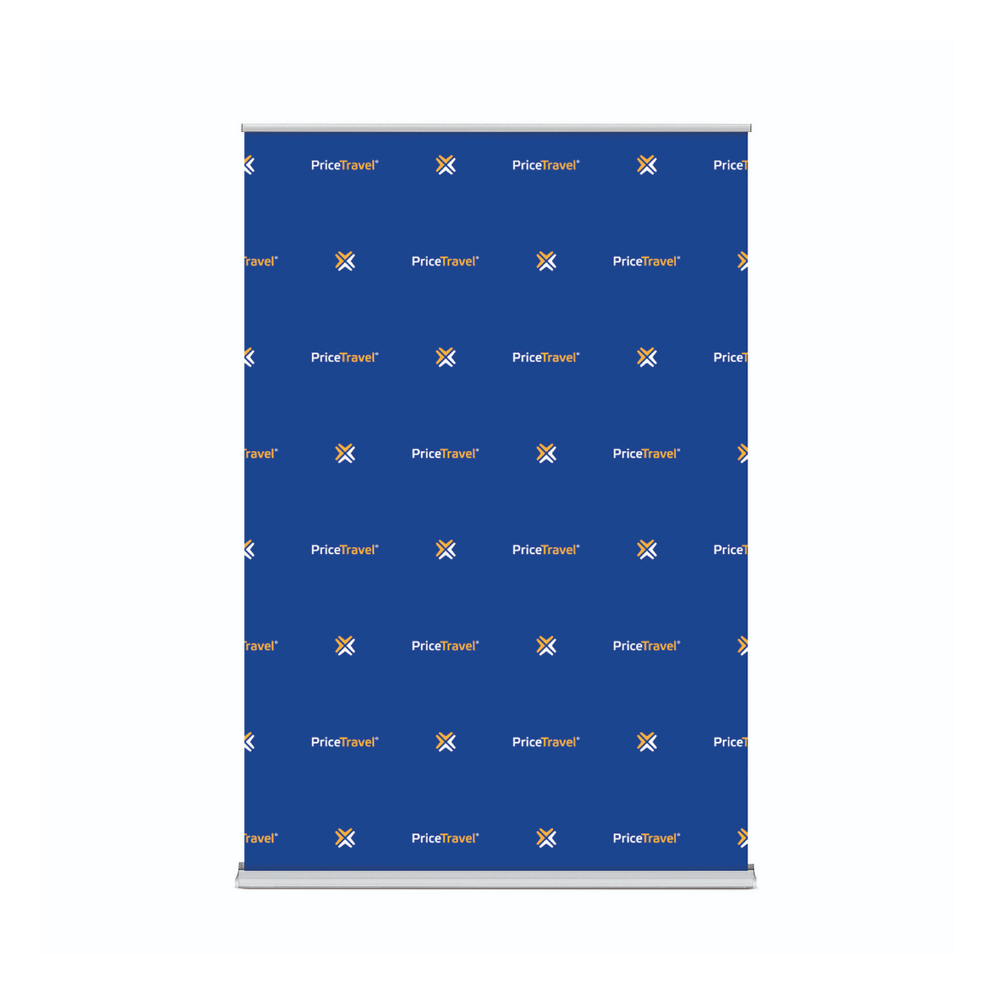 GoVizly 60x90 step and repeat retractable banner stand front view showing full logo repeat pattern on matte blockout fabric