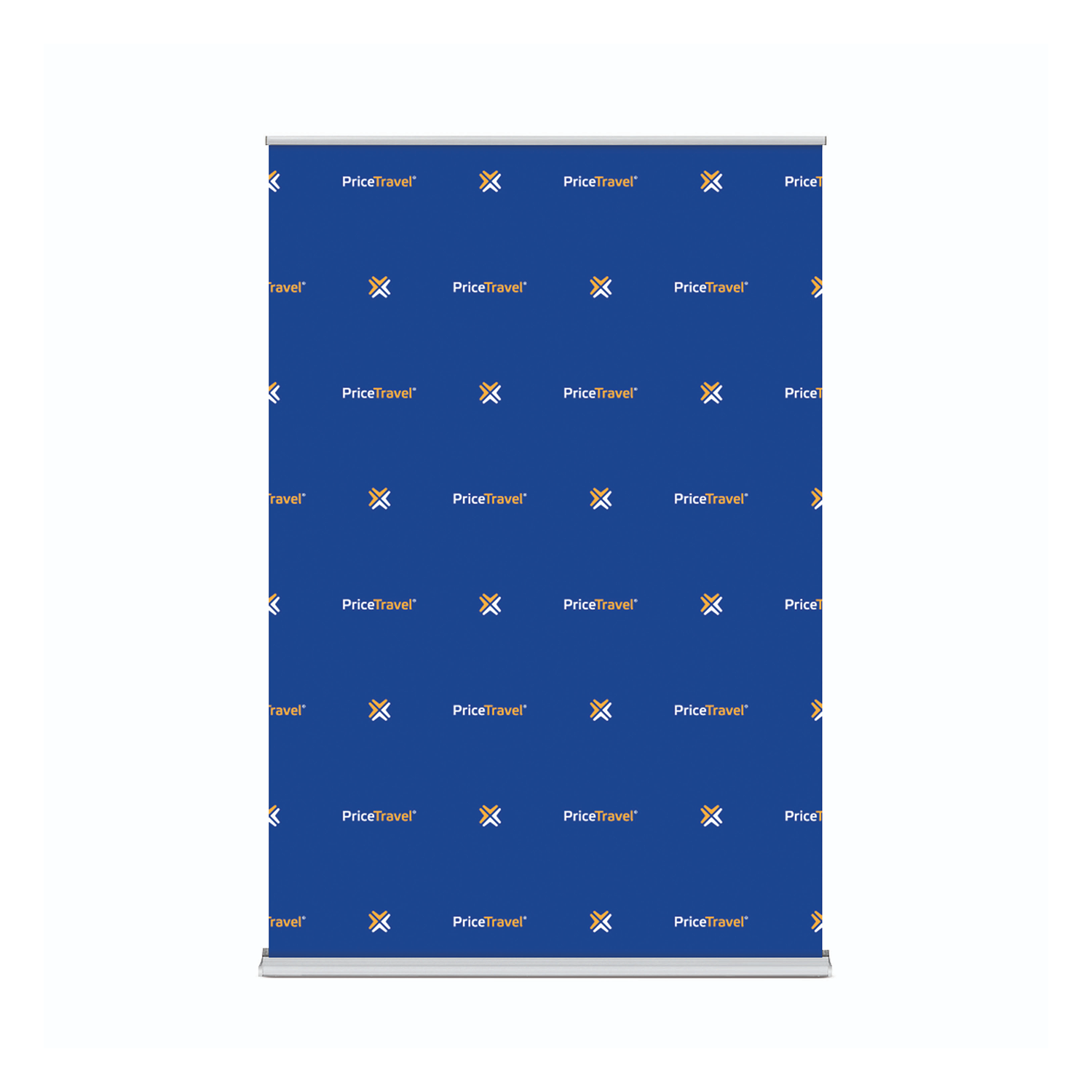 GoVizly 60x90 step and repeat retractable banner stand front view showing full logo repeat pattern on matte blockout fabric