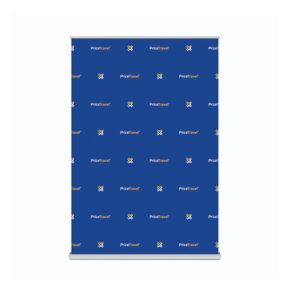 GoVizly 60x90 step and repeat retractable banner stand front view showing full logo repeat pattern on matte blockout fabric