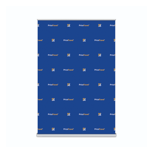 GoVizly 60x90 step and repeat retractable banner stand front view showing full logo repeat pattern on matte blockout fabric