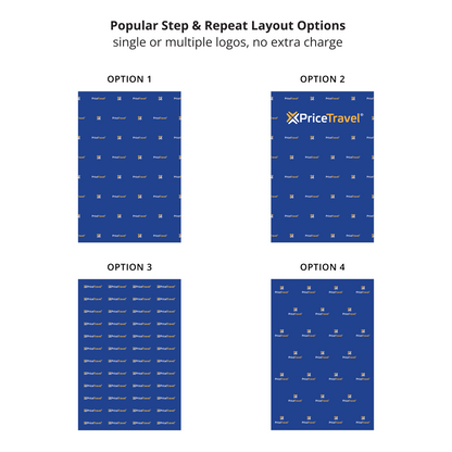 GoVizly 60x90 step and repeat retractable banner stand layout options showing four popular single and multiple logo repeat patterns at no extra charge